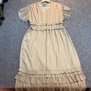 Bohme Willa Olive Green Ruffle Tiered Midi Dress Medium Boho Romantic V Neck